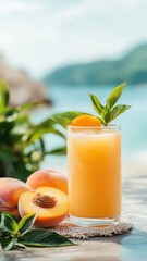 Fresh peach juiced into a glass, set by the sea for a serene scene.