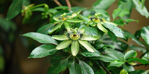 Obraz premium Passion flower's tri-lobed leaves show brown tips and edges due to insufficient watering, with rapid drainage preventing adequate moisture absorption.