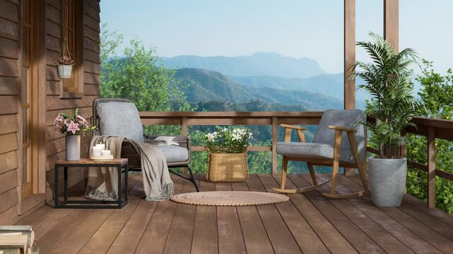 Relaxing balcony of a wooden house with mountain 3d animation render, Decorated with fabric chair and flower in vase There are wooden railing overlooking the nature