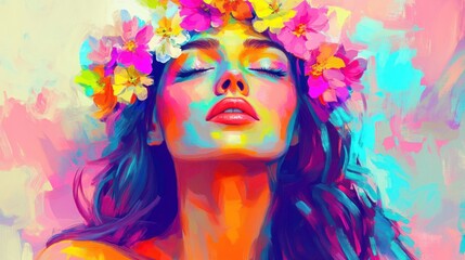 A vibrant portrait of a woman adorned with flowers, exuding beauty and tranquility.