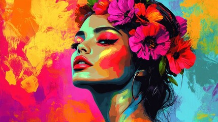 Fototapeta premium A vibrant, artistic portrait of a woman adorned with flowers against a colorful background.
