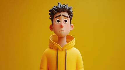 A stylized animated character with a worried expression, wearing a yellow hoodie against a yellow background.