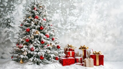 A festive Christmas scene featuring a snow-covered tree and beautifully wrapped presents.