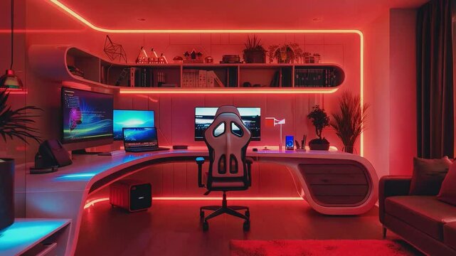 A high-tech gaming and workspace setup featuring vibrant neon lighting, modern furniture, and multiple monitors.