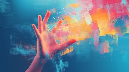 Vibrant digital art depicting a hand reaching out to touch abstract colorful waves on a blue background, representing creativity and technology.
