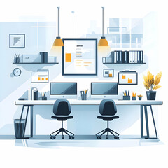 Flat AI Enhanced Workspace Background: Glossy Modern Office with Seamless Integration of AI-Powered Devices for Innovation and Productivity in a High-Tech Environment - Simple Vector Illustration