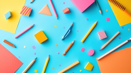 A vibrant arrangement of stationery items on a colorful backdrop for creative inspiration.