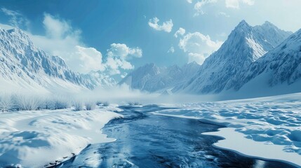 Fototapeta premium A frozen stream surrounded by towering snow-capped mountains, creating a majestic landscape.