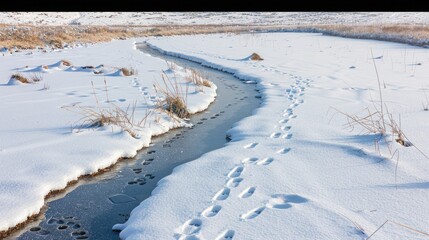 Obraz premium A frozen stream winding its way through a snow-laden meadow, with footprints of wild animals visible on the surface of the ice