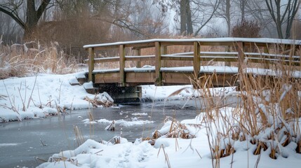 A frozen stream with a lone wooden bridge crossing over it, evoking a sense of tranquility and solitude.