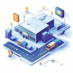 Fototapeta premium Flat Vector Illustration of AI-Powered Logistics Hub: Modern Design with Digital Tracking Systems & Glowing Data Points for Cost Management & Efficiency