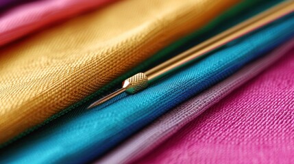 Fototapeta premium A golden sewing needle piercing through a stack of different colored fabrics