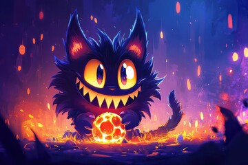 Spooky Halloween Monster with Glowing Red Eyes against Fiery Inferno Background