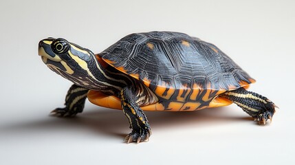 Obraz premium Painted turtle in mid-walk on plain white backdrop
