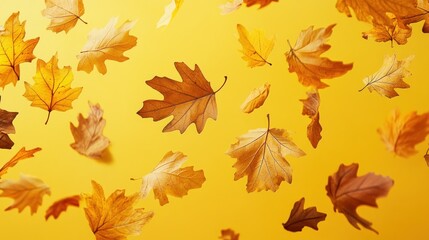 Autumn leaves floating against a bright yellow background, creating a warm seasonal feel.