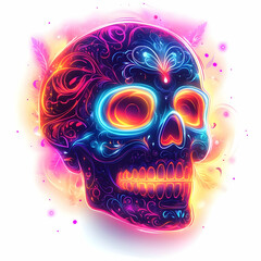 Fototapeta premium Vibrant Flat Glowing Calavera Skull in Abstract Neon Light - Dia de Muertos Digital Art, Colorful Vector Illustration for Creative Projects