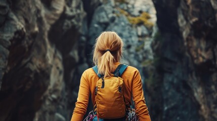Fototapeta premium A person with a backpack gazes into a rocky canyon, embodying adventure and exploration.