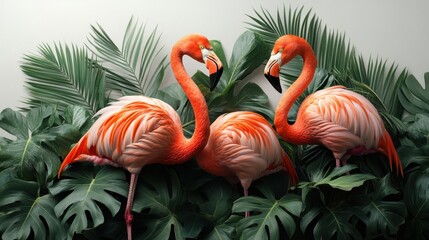 Fototapeta premium Pink flamingos in a pattern, white backdrop