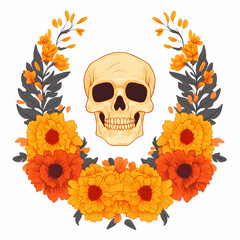 Flat Marigold Garland and Skull Isolated Vector Illustration for Dia de Muertos � Vibrant Cultural Elements in a Clean Design