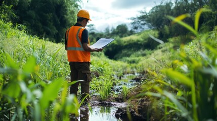 An engineer conducting environmental impact assessments in a lush natural landscape.