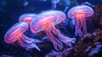 Surreal Underwater Scene with Glowing Jellyfish in Deep Ocean Blues