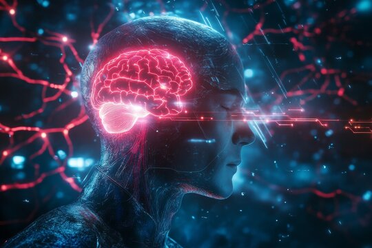 Axonal sprouting synaptic tagging and hippocampal atrophy human figure with red neural pathways exploding through the brain in a high energy sci fi depiction