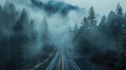 A misty road disappearing into the depths of an ancient pine forest, evoking a sense of mystery and intrigue