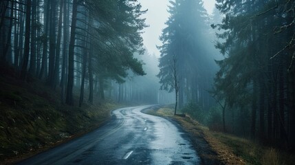 Obraz premium A misty road disappearing into the depths of an ancient pine forest, evoking a sense of mystery and intrigue