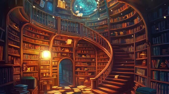 Magical fantasy library room with towering bookshelves and a glowing lamp creating a cozy atmosphere
seamless looping 4k time-lapse virtual video animation background. generated ai