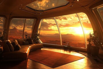 Fototapeta premium Sunset view from luxury cabin with panoramic windows overlooking scenic landscape