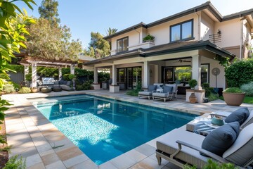 Fototapeta premium Beautiful outdoor home with pool, patio seating, and large backyard in Washington state, surrounded by greenery and trees, featuring a diving board and flowers.