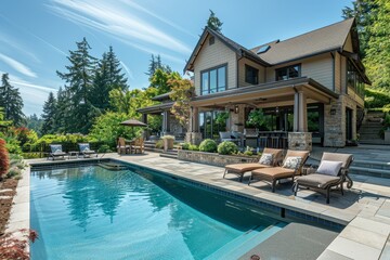 Fototapeta premium Beautiful outdoor home with pool, patio seating, and large backyard in Washington state, surrounded by greenery and trees, featuring a diving board and flowers.
