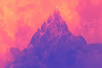 Fototapete Rund Surreal abstract landscape with dramatic purple mountain peak against vibrant pink sky © Wafello