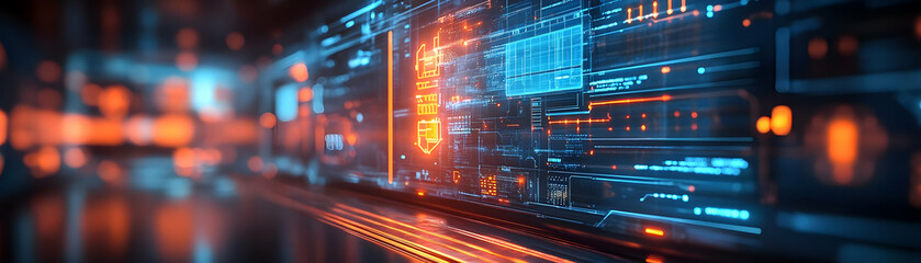 Fototapeta premium Holographic Monitor with Floating UI Elements: Ambient Light Highlights Modern Tech Concept Isolated on White Background for Stock Photography