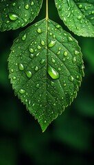 A Single Green Leaf Covered in Water Droplets