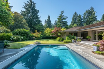 Fototapeta premium Beautiful large backyard with pool and deck in Pacific Northwest, showcasing real estate exterior and landscape under a clear blue sky.