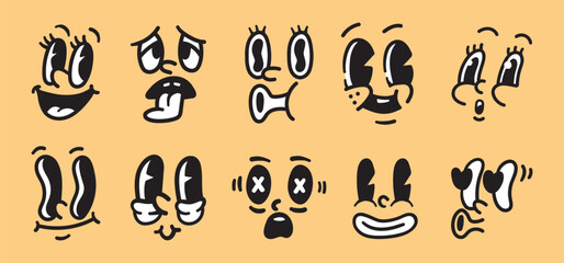 Naklejka premium Set of Unique Cartoon Face Expressions with Different Emotions - Vector Illustration of Funny and Sad Faces, Googly Eyes, and Various Mouths - Perfect for Emojis, Stickers, etc