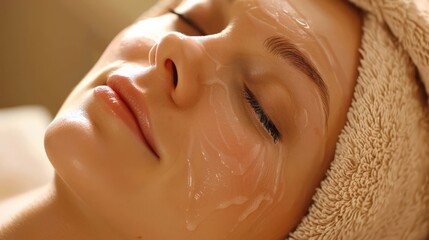 woman receiving relaxing facial treatment in a serene spa environment. His face is covered with hydrating gel, and a soft towel wraps around his head. soothing nature of the experience.