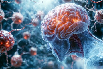 Fototapeta premium Synaptic pruning brainwave synchronization and computational neuroscience conceptual illustration of a human brain inside a digitalized network surrounded by viral elements