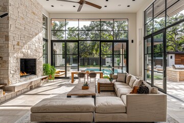 Luxury living room with fireplace, white stone wall, and black steel windows in modern style, with dining table near glass door to outdoor patio in San Romano, Texas.