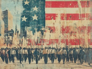 A crowd of people walking towards a large American flag backdrop.