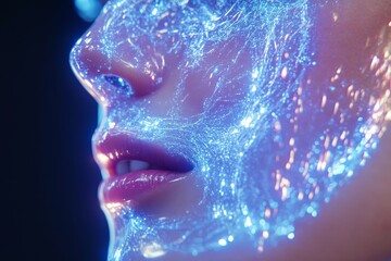 Neuroplasticity neuronavigation and limbic system woman’s face illuminated by digital particles symbolizing ai integration into human consciousness futuristic vision
