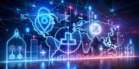 Obraz premium Vibrant Neon Abstract Art for World Diabetes Day: Illuminated Diabetes Care Center Symbolizing Advanced Healthcare Technology and Management