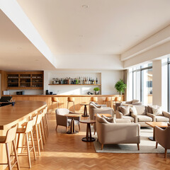 Fototapeta premium Modern Minimalist Bar Lounge with Wooden Furniture and Natural Light