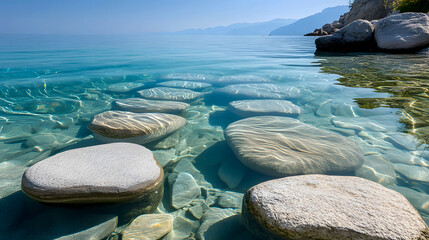 Stone slabs on clear water, with light-colored rocks reflecting a quiet and elegant beauty