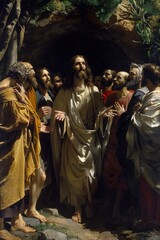 Resurrection scene, Jesus Christ emerges from the tomb with the apostles standing before him, symbolizing the triumph over death and the beginning of a new spiritual era.