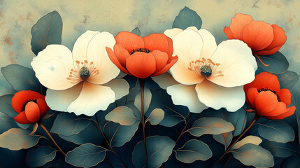 Exotic Flowers in Vintage Botanical Print with Detailed Line Art