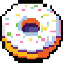 Pixelated Donut Delight: A charming pixel art depiction of a glazed donut, showcasing its colorful sprinkles and inviting texture.  Perfect for digital art, retro gaming, or fun food illustrations. 