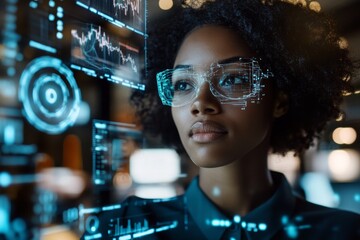 Woman Wearing Futuristic Glasses Interacting with Digital Interface