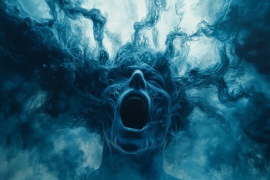 Axonal transport action potential propagation and deep brain stimulation abstract screaming figure emerging from a foggy landscape symbolizing mental anguish anxiety and psychological distress